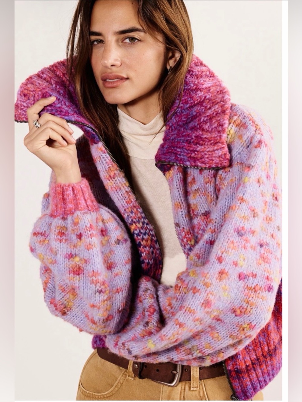 Free People Orchid Berry  Sugar. and Sweets Knit Bomber Jacket. Wool & Alpaca - Picture 2 of 11